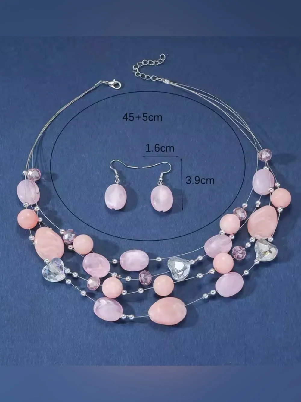 Multi-Strand Blue, Cream & Tan Bead Necklace Set with Matching Earrings